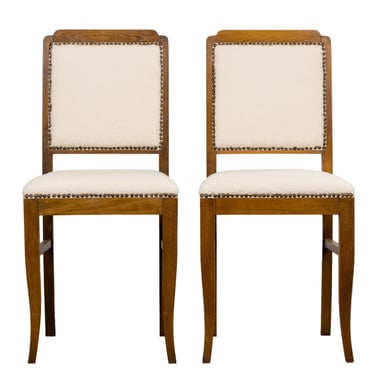 French Art Deco Maple Accent Side Chairs in Cream Boucle - A Pair 