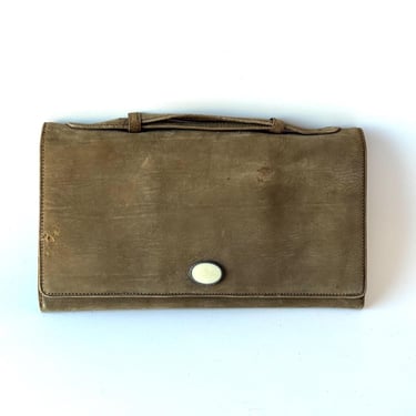 Vintag 1930s leather handbag or clutch with coin purse pouch, accessories & mirror purple lining 