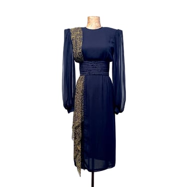 Vintage 1980s Dramatic Wayne Clark Dress, Black Art Deco-Inspired Frock with Strong Shoulders and Abstract Print Chiffon, Small, VFG 
