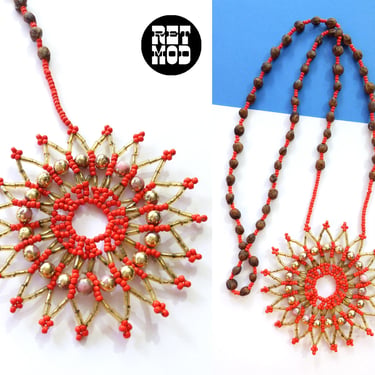 Statement Vintage 70s Orange Seed Bead & Brown Seed Pendant Necklace 