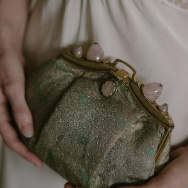 Rare antique French silk lamé gemstone clutch bag 