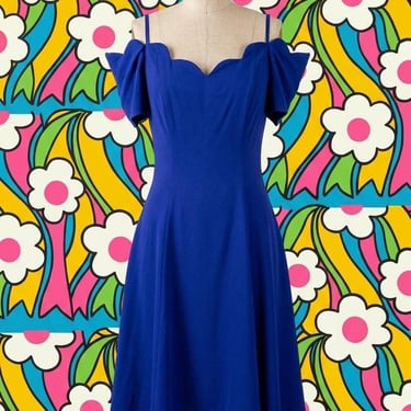 Vintage 1980s Jewel Tone Purple Off Shoulder Scalloped Collar Dress Size S/M 