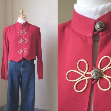80s Cropped Red Blazer with Yellow Design and Brass Ornate Button Size 14 