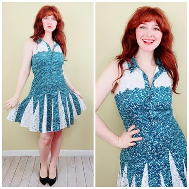 Betsey Johnson Western Teal Floral Vintage Dress | Fit and Flare Mini Dress | Lace Panel Fit and Flare / Y2K  Large 
