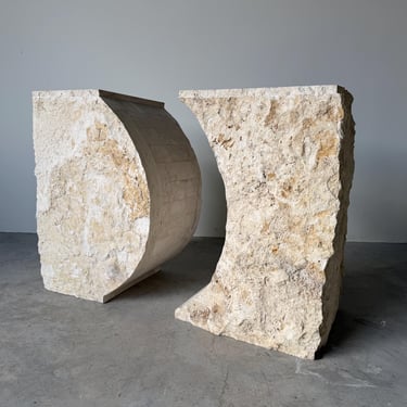 Willy Rizzo  Italian Sculptural Organic Travertine Dining Table Bases – Pair (No Glass Top) 