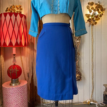 vintage 1940s blue wool pencil skirt, arrow details, high waist, 40s fashion, xs 