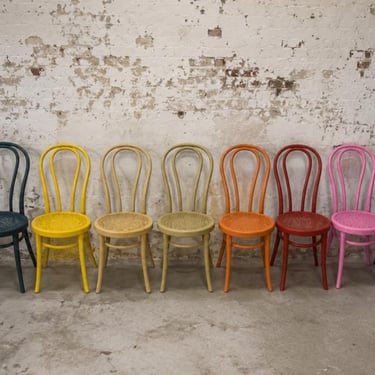 10  Vintage Mismatched Farmhouse Chairs: Hand-Painted Cottage Dining Set Bentwood Rustic Cane Chairs 