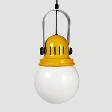 Vintage Aneta Pendant Lamp by Jan Wickelgren – Swedish Space Age Lighting, Amber Orange Metal & White Opaline Glass Globe, 1970s–80s 