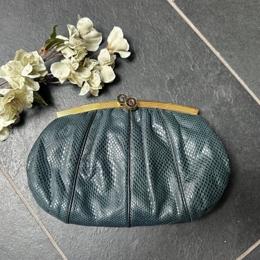 Vintage 1980s Judith Leiber Blue Snakeskin Bag Clutch or Shoulder Made in Spain, Vintage Reptile Skin Clutch Bag 
