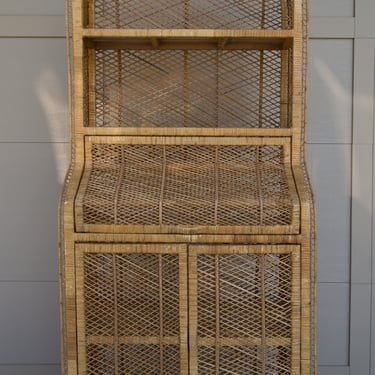 Vintage Rattan Cabinet/ Wicker Hutch/Etagere Shelving Cabinet/Bookcase 