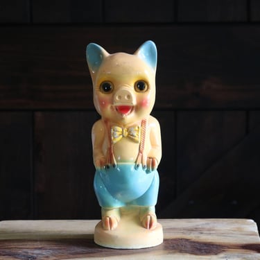 Vintage Chalkware Pig Statue, Retro Carnival Prize, Dapper Pig wearing Overalls with Glittered Bow Tie, Collector Gift, Grannycore Kitsch 