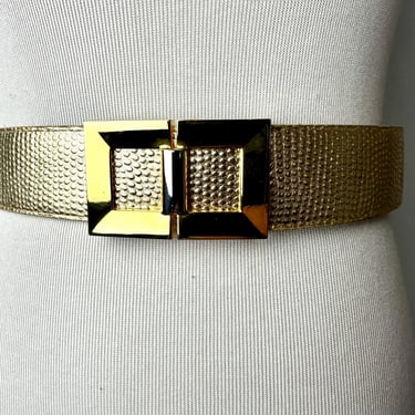 Vintage Gold lizard belt with bright gold buckle~ semi wide dress belt~ 1980’s Emanuel / size M 