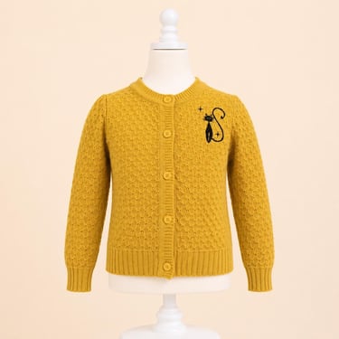 Mustard Yellow Girls Black Retro Cat Cardigan | Vintage Knit Toddler Sweater | Halloween Cat Embroidered Cardigan | Cottagecore Kids 