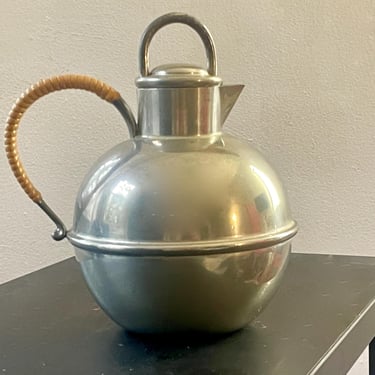 Vintage MCM Globe Teapot with Rattan Handle | MCM Danish Style Metalware | 