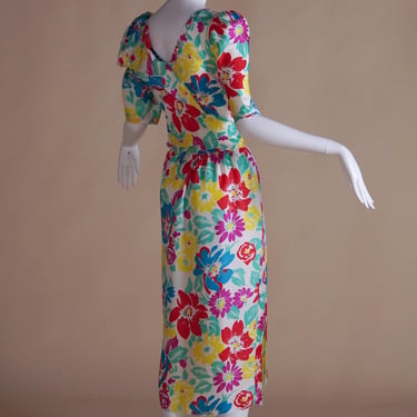 1980s Pierre Balmain silk bright floral midi dress with puff sleeve and subtle draping 