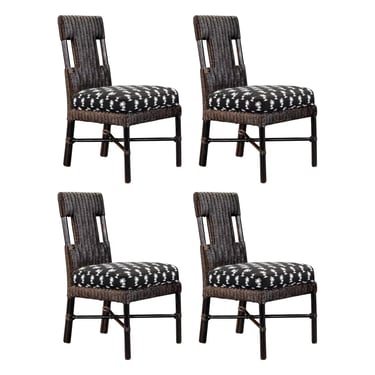 McGuire Rattan and Bamboo Cafe Side Chairs with Palm Tree Print Seats, Signed 