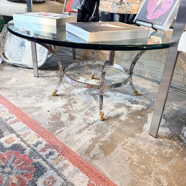 Incredible Italian Mid Century Modern chrome and brass hooved coffeetable with 3/4 inch thick glass top 36 round by18t-For Pick Up Only