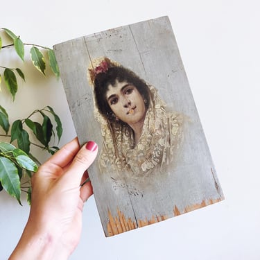 Antique Andalusian Original Portrait Oil Painting on Wood - Signed and Dated 1905 