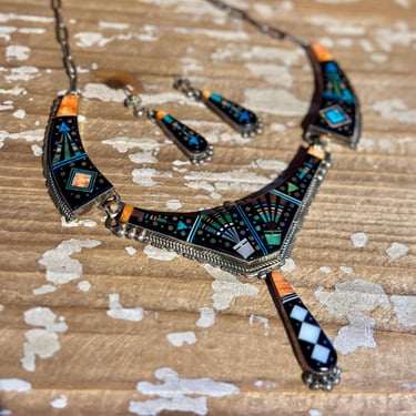 NAVAJO RAY JACK Night Sky Necklace & Earring Set | Silver, Jet, Spiney Oyster, Opal, Turquoise Mop Inlay | Native American Jewelry 