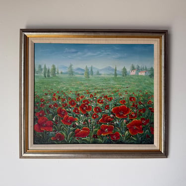 1980s C. Benolt Floral Farm Landscape Oil on Canvas Painting, Framed 