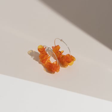 Sustainable Sterling Silver Orange Hoop Earrings Handmade with 100% Recycled Materials. Sustainable Earrings with Floral Motif 