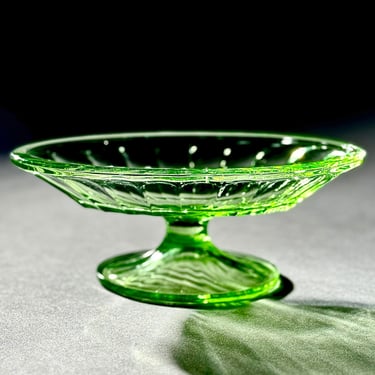 Vintage Uranium Depression Glass Footed Banana Split Dish - Indiana Glass Co. Tea Room Pattern Vaseline UV 