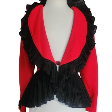 Vintage 1980s Jean Muir Jacket Red Black Ruffle Trim Evening Blazer 