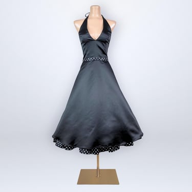 Vintage 90s Jessica McClintock Gunne Sax Polka-Dot Halter Crinoline Dress Pin-Up Prom VFG 