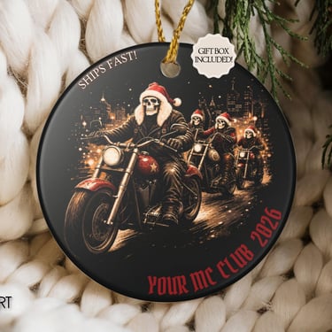 Personalized Motorcycle Club Christmas Ornaments, Skeletons in Santa Hats Ornament, Biker Club Gift, MC Club Christmas Gift, Skeleton Bikers by CloudArt