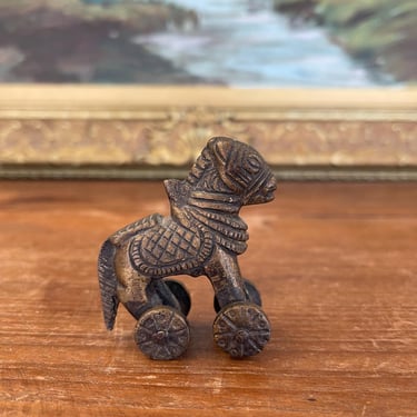 Free shipping within continental US - Likely Antique Bronze Toned Toy Horse on Wheels, Tribal Folk Art Figurine from India 
