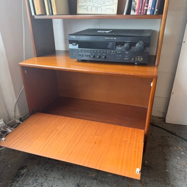 Teak Bookshelf with Sliding Glass Doors and Hinged Cabinet Base