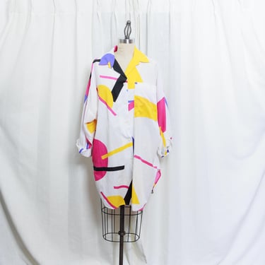 80s Abstract Print Oversized Printed Shirt Dress Vintage 1980s Dotti Colorblock Geometric Button Front Dress 