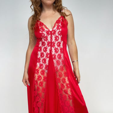 1980s Nightgown Sheer Lace Long Slip Lingerie Dress Red 
