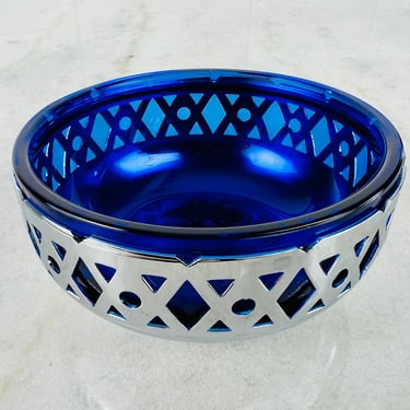 Vintage Mayell Silver Sugar Bowl, chromium bases with cobalt blue glass insert, tableware, jam server, housewarming gift 