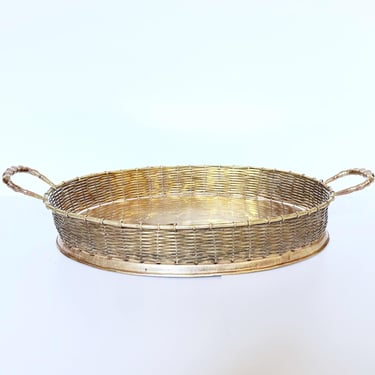 Vintage Large Oval Brass Tray with Faux Bamboo Handles & Woven Gallery - Perfect for Bar Cart, Vanity, or Coffee Table 