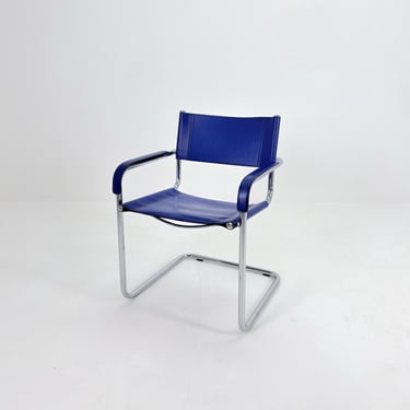 Mid century Mart Stam & Marcel Breuer S34 Cantilever Chair – Blue Leather Bauhaus Desk Chair – Italy 1980s 