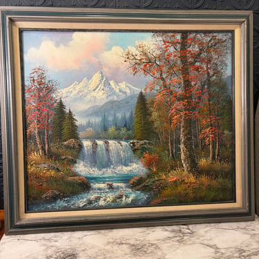 Oil Landscape Painting in Blue Frame Signed Morgan