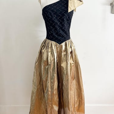 Vintage 1980s One Shoulder Gold Bow Party Dress / XS 