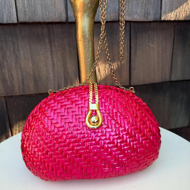 Vintage Vanessa neon pink fuchsia straw bag or clutch with chain strap 