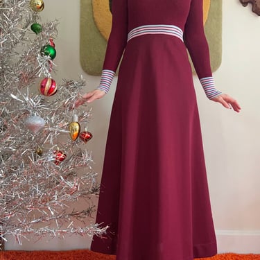1970s stretchy ribbed long sleeve maxi dress // XS - S // vintage wine red + pastel stripe frilly fitted dress Giano Knits 