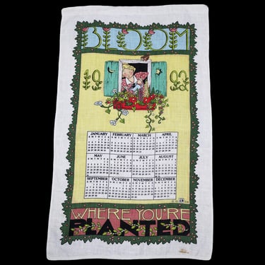 Mary Engelbreit 1992 Calendar Linen Tea Towel Vintage Kitchen Kitsch Whimsical Bloom Where You're Planted Garden Whimsy 90s 1990s 