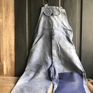 French Dungarees Overalls Work Chore Wear, Bibs, Original Label, Distressed Denim, Patch Repair, Homesteader, Gardening, Restoration Project 