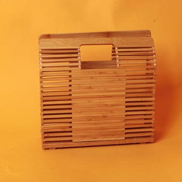 2000s Tan Bamboo  Minimalist Slatted Structured Top Handle Bag Vintage 2000s Resort Summer Statement Purse 