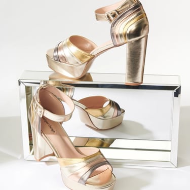 100085665 - Vintage Inspired Metallic Gold Peep Toe Heels - Gold and Silver - SHOES