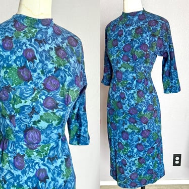 Vintage Sheath Dress, Hourglass Fit, Dark Floral Print, Three-Quarter Sleeves, Pin Up Style, Rockabilly, 50s 60s 