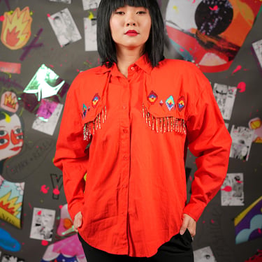 Vintage Red Southwest Canyon Tribal Beaded Blouse – Unique, Native American-Inspired, Size M 