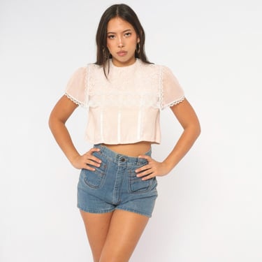 80s Gunne Sax Lace Crop Top Pink Cream Blouse Scalloped Cape Collar Short Sleeve Coquette Cottagecore Prairie Cropped Vintage Extra Small XS 