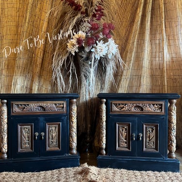 Hand Painted Asian End Tables, Vintage Heavy Carved Night Stands, Black Carved Side Cabinets, Asian Nightstands, Bed Side Tables 
