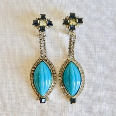 Vintage Turquoise Blue Marquis and Rhinestone Dangle Drop Earrings 1990's 2000's Formal Costume Jewelry Kenneth Jay Lane Style 