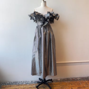 True Vintage 1980s Black and Silver Ruffled Evening Dress, 1980s Metallic Avant Garde Prom Dress 